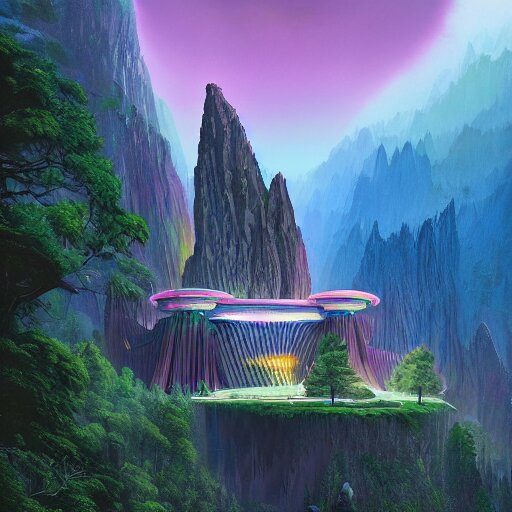 futuristic temple carved into a mountain side, big green trees, colorful clouds, dramatic lighting, artstation, matte painting, raphael lacoste, simon stalenhag, frank lloyd wright 