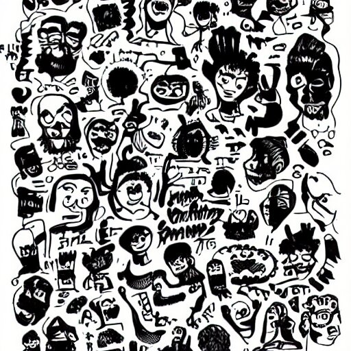 black and white composition of a variety of doodles, drawings, faces, symbols, cartoons, lineart, cave drawing, silhouette, tattoo, chinese ink brush 