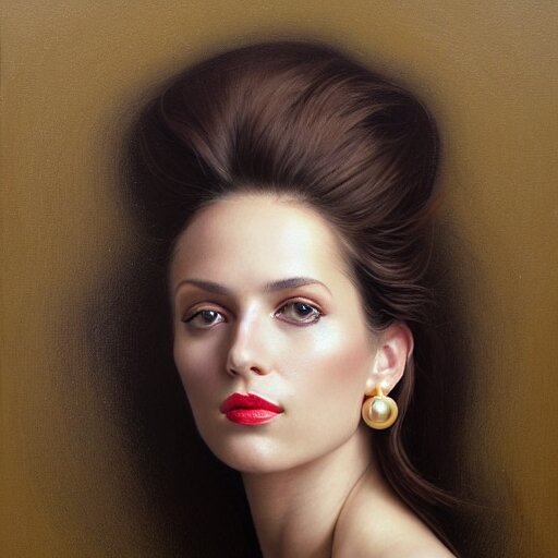 Facial portrait of a gorgeous girl, looking away from the camera, seductive smile, heavy gold jewellery, gold and pearl necklaces, elegant revealing intricate dress, sparkle in eyes, lips slightly parted, long flowing hair, no hands visible, delicate, teasing, arrogant, defiant, bored, mysterious, intricate, extremely detailed painting by Mark Brooks (and by Greg Rutkowski), visible brushstrokes, thick paint visible, no light reflecting off paint, vibrant colors, studio lighting