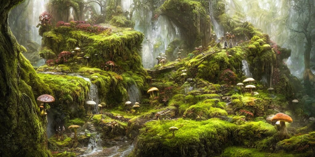 fairyland scenery landscape, lord of the rings, waterfalls, monoliths, flowers, mushroom structures, moss highly detailed, vivid color, perfect lighting, perfect composition, 8 k, brian froud, artgerm, derek zabrocki, greg rutkowski 