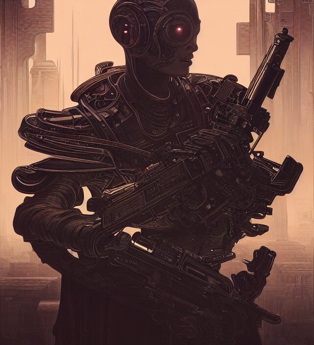 a baroque portrait of a retrofuturistic assassin in light surrounded by advanced architecture. minimalist dark wet architecture with some highly detailed science fiction details, rich colors, high contrast, black shadow level, moody dark background. trending on artstation an ultrafine hyperdetailed colorfull illustration by kim jung gi, moebius, irakli nadar, alphonse mucha, ayami kojima, amano, greg hildebrandt, syd mead and mark brooks, female, feminine, art deco, new baroque, intricate linework, colors by frank frazetta 