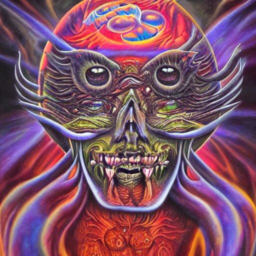 the second layer of hell, airbrush art, shamanic dmt horror art, by basuki abdullah 