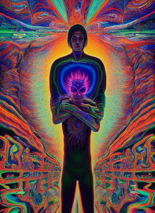 portrait ultra dimensional indigenous native, accidentally tripping on dmt and acid, psychedelic experience, overwhelming psychosis of self realization and burning awakening, ultra high definition, unreal engine 5, hyperrealism, masterpiece composition, by casey weldon, barclay shaw 