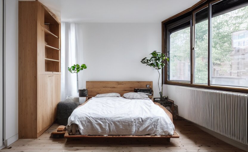 interior of a compact bedroom in an apartment building, bed, bronze wall, cupboards, czech design, swedish design, natural materials, minimalism, pine wood, earth colors, feng shui, rustic, white, beige, bright, plants, windows with a view of a green park, modernist, 8 k 