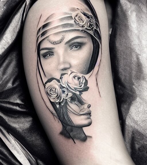 tattoo design on white background of a beautiful girl warrior, roses, hyper realistic, realism tattoo, by eliot kohek, beautiful eyes, realistic face, black and white 