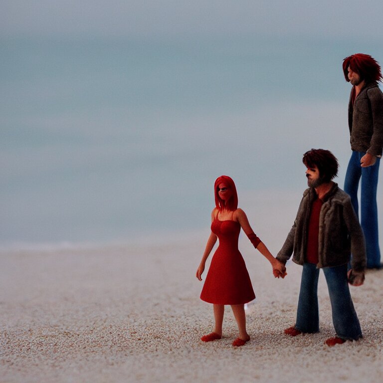 a cinematic film still of a claymation stop motion film eternal sunshine of the spotless mind joel and clementine on the beach, shallow depth of field, 8 0 mm, f 1. 8 