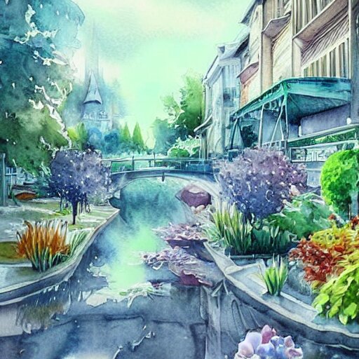 Beautiful happy picturesque charming sci-fi town in harmony with nature. Beautiful light. Water and plants. Nice colour scheme, soft warm colour. Beautiful detailed artistic watercolor by Vincent. (2022)