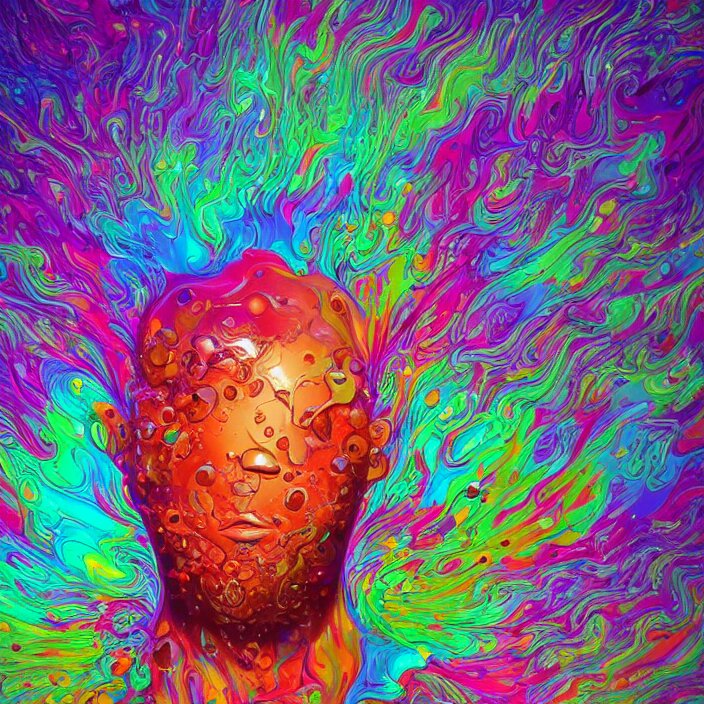 illustration of a colorful melting human head. flowers and blossoms, ferrofluids, burning water distortions. intricate abstract. intricate artwork. dan mumford. octane render, trending on artstation 