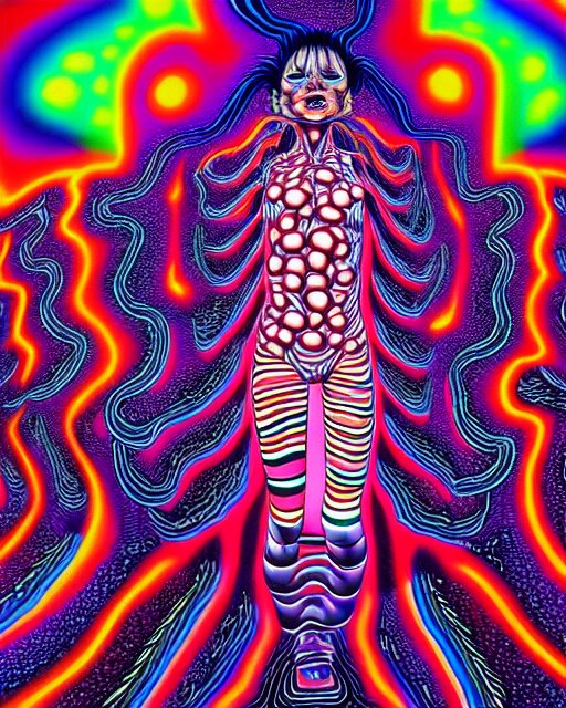 human body breaking away, conjuring psychedelic background, part by shintaro kago, part by alex gray, ultra realistic, highly detailed, 8 k, trending on artstation, fractalism, symmetry 