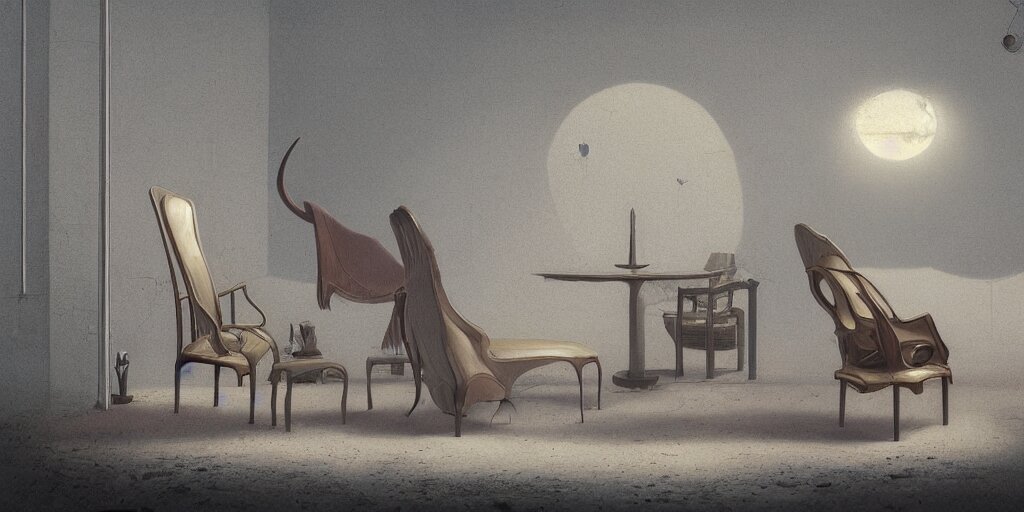 furniture designs in the style of moebius, design sheet, Les Edwards, Zdzislaw Beksinski, Carl Gustav Carus, John Harris, Michal Karcz, Zhang Kechun, Mikko Lagerstedt, Scott Listfield, Steven Outram, Jessica Rossier.