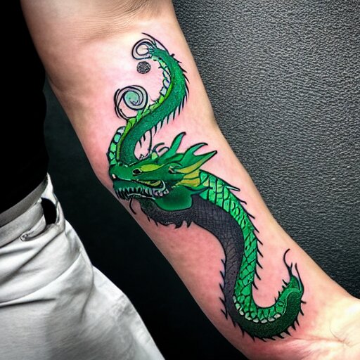 forearm tattoo of a spiraling dragon with a green emerald in its mouth, dark and vibrant forearm tattoo