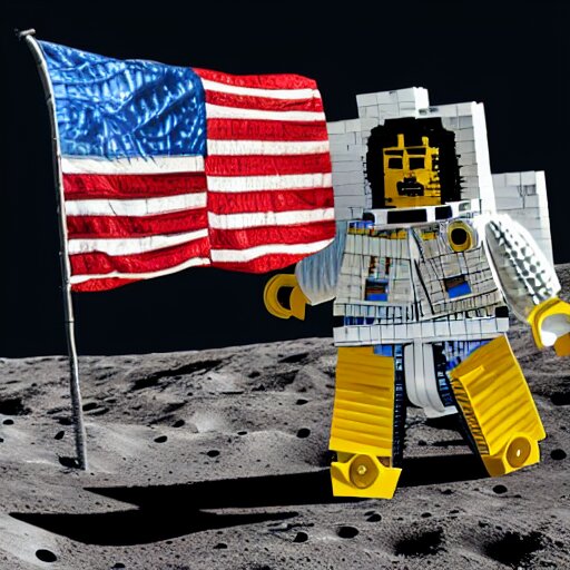 squared head rooster building a man made of legos on the moon 