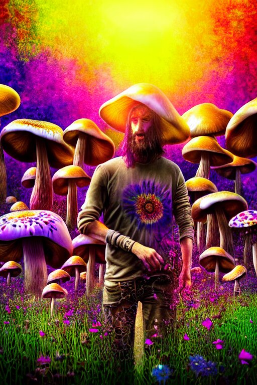 hyperrealistic portrait of melting hippies - epic cinematic mushrooms with psychedelic field of flowers, highly detailed smooth digital art masterpiece, pablo amaringo dramatic low light, ground angle uhd 8 k, sharp focus 