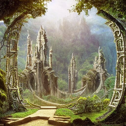 a beautiful and highly detailed matte painting of an elven temple in a magical fantasy garden in a lush forest in the mystical mountains, celtic knots, carved runes, intricate details, epic scale, insanely complex, 8 k, sharp focus, hyperrealism, very realistic, by caspar friedrich, albert bierstadt, james gurney, brian froud, 