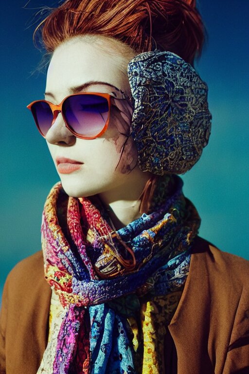 close - up portrait of a beautiful woman wearing sunglasses and a scarf with intricate psychodelic patterns, epic character composition, by katsura masakazu, alessio albi, ilya kuvshinov, nina masic, soft focus, vertical portrait, natural lighting, f 2, 5 0 mm, classic chrome, film grain, cinematic lighting 