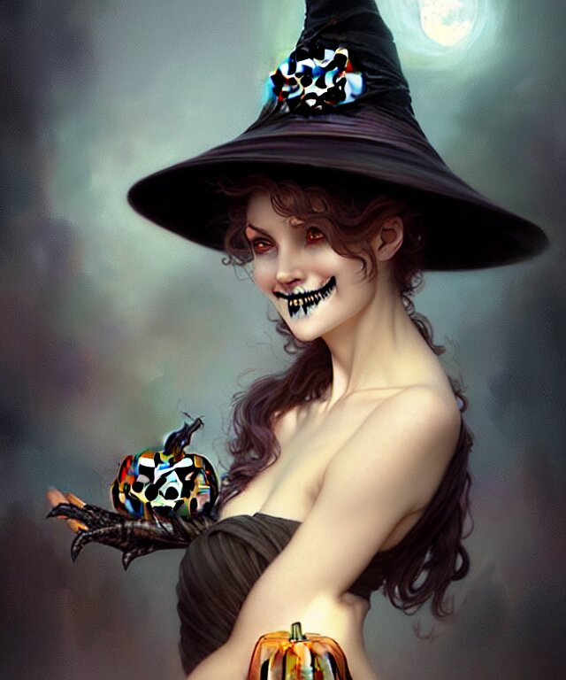 halloween witch woman in a hat smiles, fantasy magic, undercut hairstyle, dark light night, intricate, elegant, sharp focus, illustration, highly detailed, digital painting, concept art, matte, art by wlop and artgerm and greg rutkowski and alphonse mucha, masterpiece 