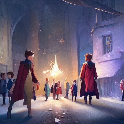 a wholesome animation key shot of harry potter students, fantasy, colorful, pixar and disney animation, sharp, very detailed, high resolution, key art by greg rutkowski, bloom, dramatic lighting 