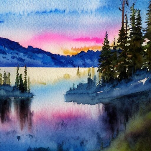 alpine lake. bautiful sunrise. watercolor. trending on artstation 