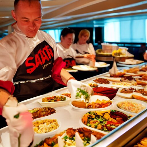 satan filling plates of food from the buffet on a cruise liner 