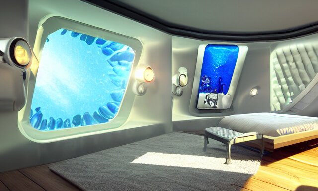 a futuristic bedroom deep under the sea, photorealistic magazine picture, studio lighting, cozy, extremely detailed and realistic 