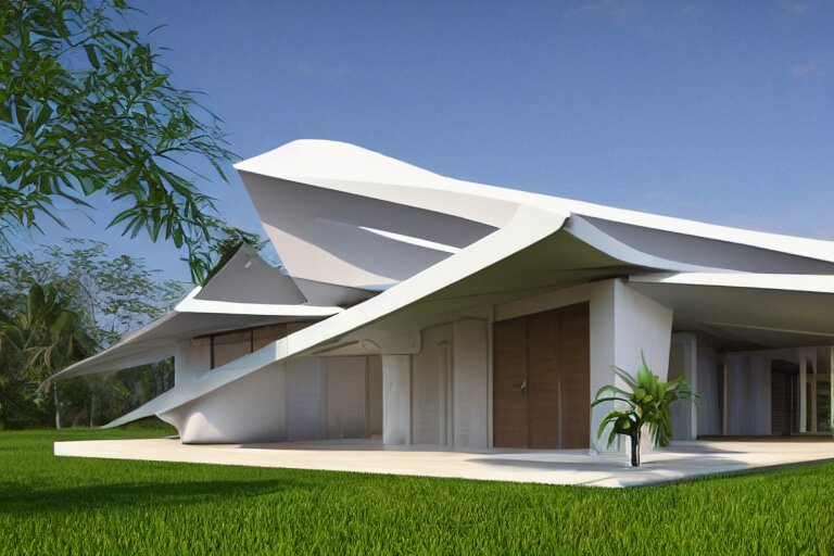 a futuristic assam type house designed by calatrava, bamboo design, realist, render, 8 k 