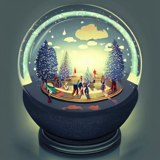 summer weather inside a snowglobe. Beautiful colorful clouds in moody greys and blues. High quality digital art, trending on artstation