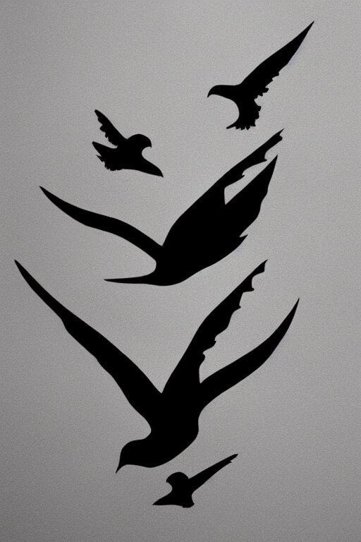 a simple tattoo design of minimalist flying birds, black ink, abstract logo, line art 