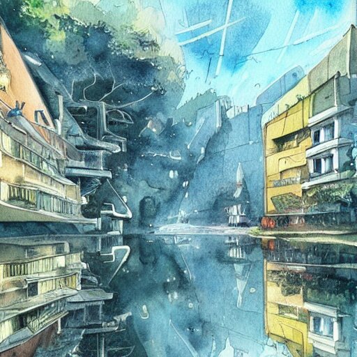 Beautiful happy picturesque charming sci-fi city in harmony with nature. Nature everywhere. Nice colour scheme, soft warm colour. Beautiful detailed watercolor by Lurid. (2022)