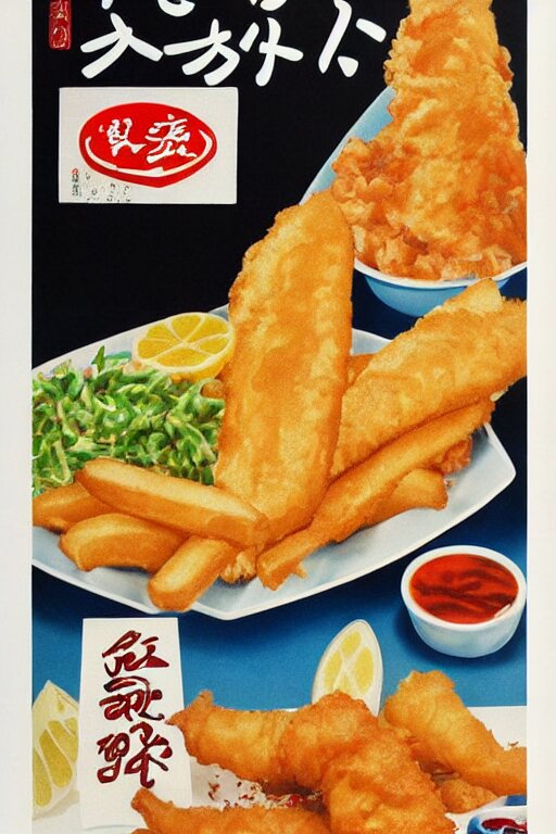 fish and chips advertisment, still life, 1 9 7 0 s japan shouwa advertisement, print, nostalgic 