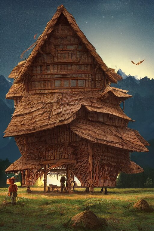 an awesome twilight day concept art of old hut standing at giant hen's legs, by kengo kuma and wes anderson with village, mixed development, cgsociety, fantastic realism, artstation hq 