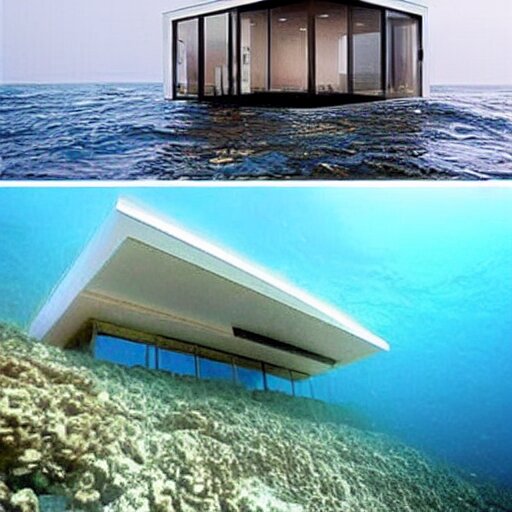 a house half submerged in the ocean. 