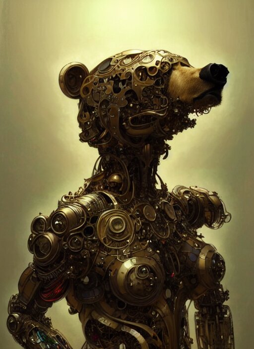 organic cyborg bear, full body, diffuse lighting, fantasy, intricate, elegant, highly detailed, lifelike, photorealistic, digital painting, artstation, illustration, concept art, smooth, sharp focus, art by John Collier and Albert Aublet and Krenz Cushart and Artem Demura and Alphonse Mucha