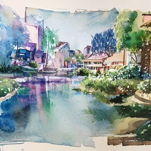 Beautiful happy picturesque charming sci-fi town in harmony with nature. Beautiful light. Water and plants. Nice colour scheme, soft warm colour. Beautiful detailed artistic watercolor by Vincent. (2022)