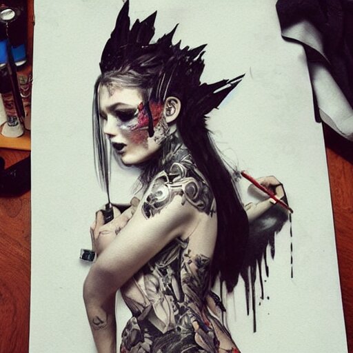 female tattoo artist in gothic tattoo studio, greg rutkowski 