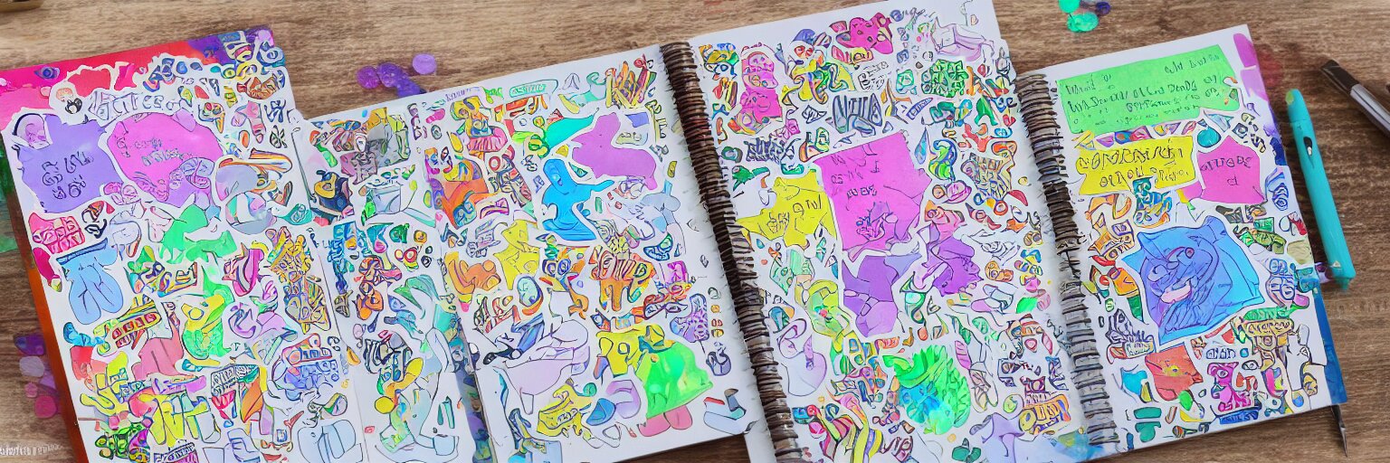 a school notebook covered in doodles, stickers, glitter, and holographic stickers