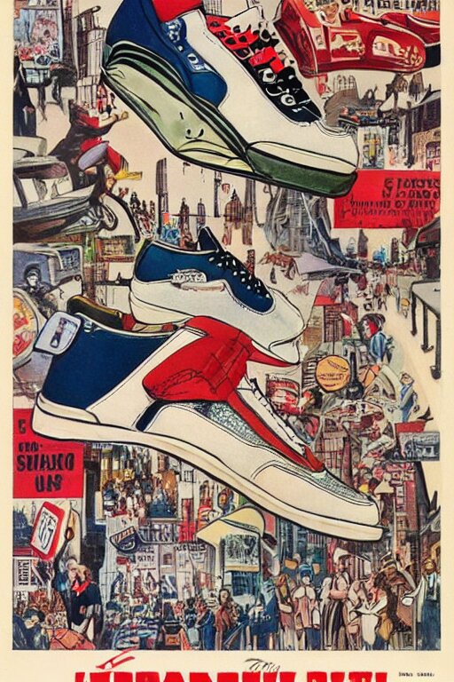 Jordan shoes in the style of a 50s by Frank Hampson and mcbess, 1950s