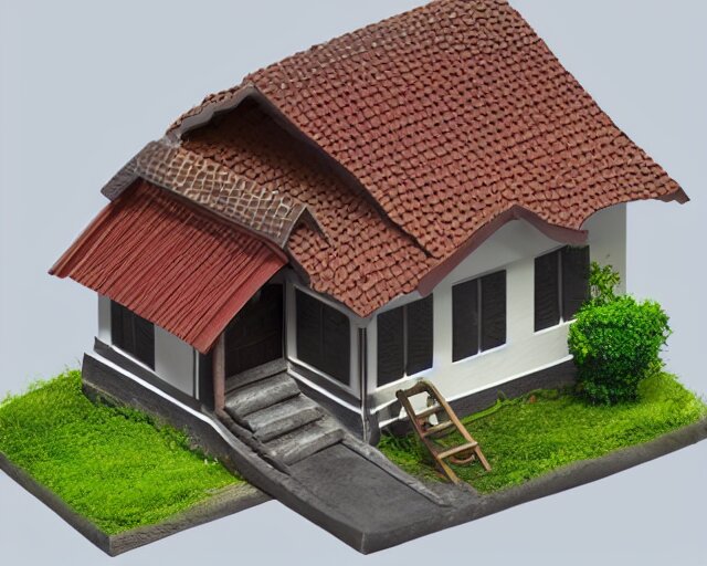 small cute assam type house, 1 0 0 mm, 3 d render, isometric, diorama, perfectly centered and isolated on white background 