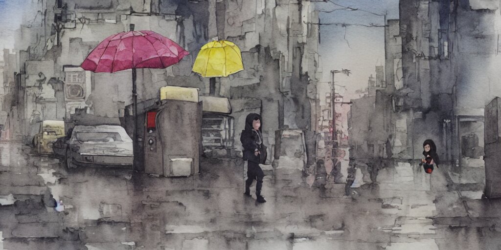 deserted dusty junk town, a girl with a parka and a yellow parasol is running, broken vending machines, scene from the movie Ghost in the shell, watercolor watercolor