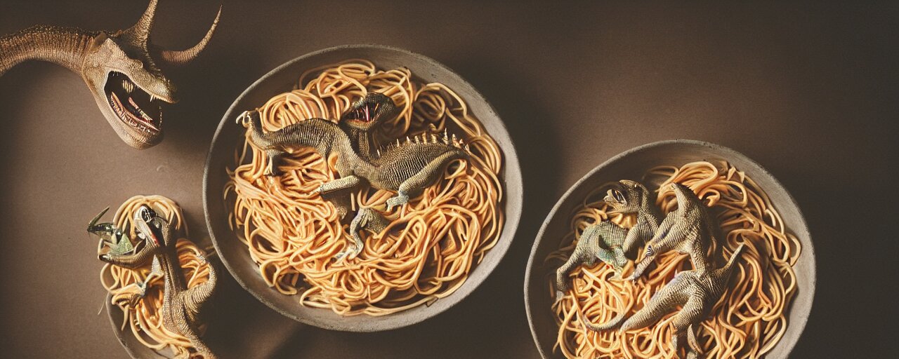 two dinosaurs fighting to the death, inside a bowl of spaghetti, canon 5 0 mm, cinematic lighting, photography, retro, film, kodachrome 