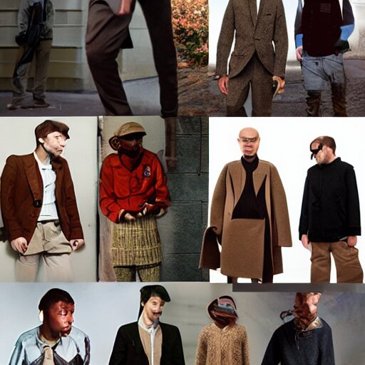 outlive smart casual collection lookbook grid, in the style of grand chamaco and stanley kubrick, inspired by rpg fantasy characters, photorealistic, epic, super technical, cinematic still 