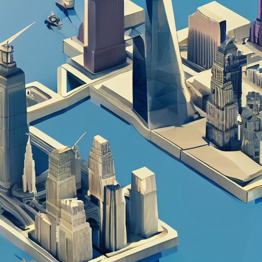 floating island with new york city in the sky, low poly, isometric art, 3d art, high detail, artstation, concept art, behance, ray tracing, smooth, sharp focus, ethereal lighting