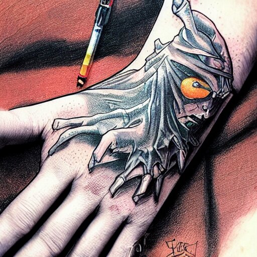 precisely drawn illustration of tattoo of seven fingered hand on upper arm, wide angle, sharp, fine details, french comic style, vibrant realistic colors, full color, heroic fantasy, intense line art, 8 k, precise linework, realistic, in the style of heavy metal comics and richard corben and moebius 