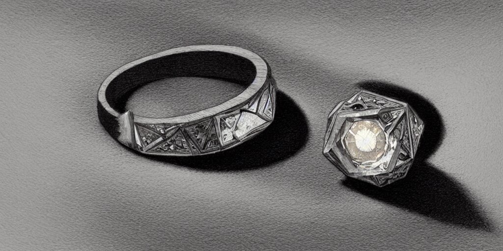 magic ring with a diamond, fire, flame, engraving, d & d, item, graphic, close - up, design, shimmer, artbook, page, detailed, trending on artstation, cgsociety, ralph mcquarrie and greg rutkowski 