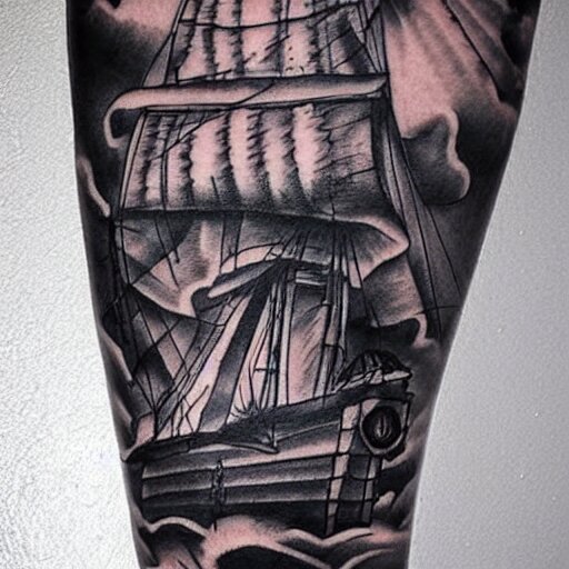 A pirate ship tattoo design in the style of Dmitriy Samohin, hyper realistic tattoo