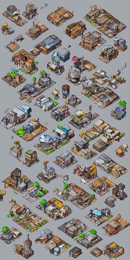 junkyard slum houses and shops. pixel art asset sheet. isometric perspective. concept art. science fiction. 