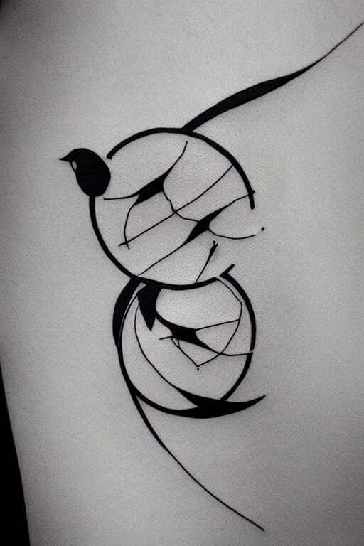 a beautiful tattoo design of minimalist swallows flying into spherical lines and simple basic shapes, black ink, line art 