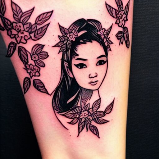 tattoo design, stencil, traditional, beautiful portrait of a Asian girl with flowers in her hair, upper body, by artgerm, artgerm, digital art, cat girl, sexy