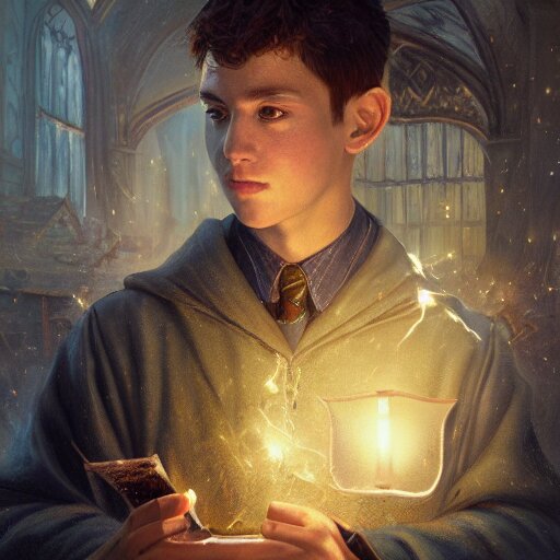 an oil painting of a portrait of a handsome hogwarts boy in hufflepuff holding glowing magic books, fairy tale, dreamy light, by wlop, greg rutkowski, thomas kinkade, super detailed, 3 d, hdr on, 4 k wallpaper 