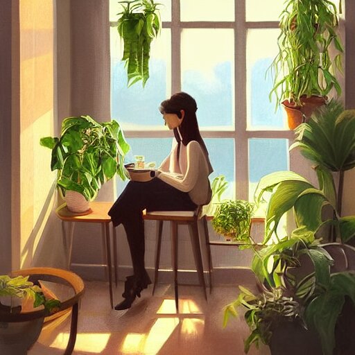 a cozy cute cafe with a window and plants, a young pretty filipino woman sits with an espresso, golden morning light, dramatic light, happy cozy feelings, oil painting trending on artstation 