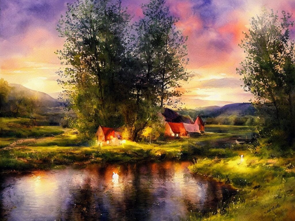 a beautiful night in the swedish countryside, watercolor painting by vladimir volegov 